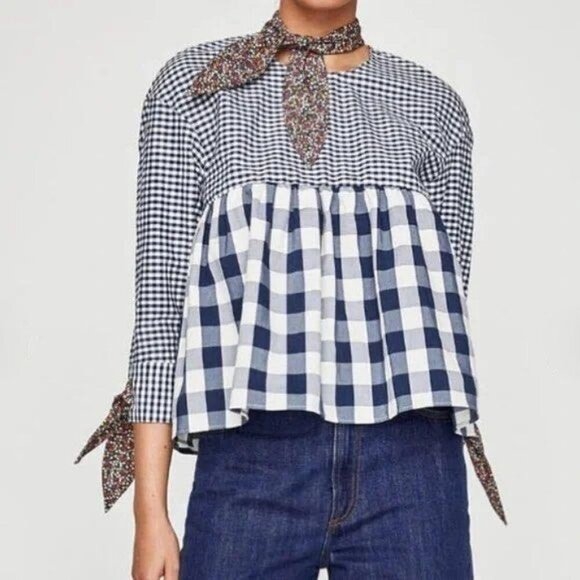 ZARA Blue Gingham Babydoll Blouse Floral Neck Tie Back Buttons Women's Large - Picture 1 of 6